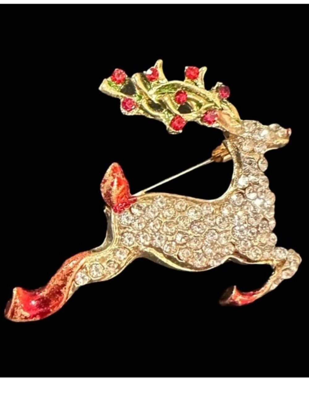 Gold-Tone Rhinestone Reindeer Christmas Brooch With Red & Green Accents Holiday